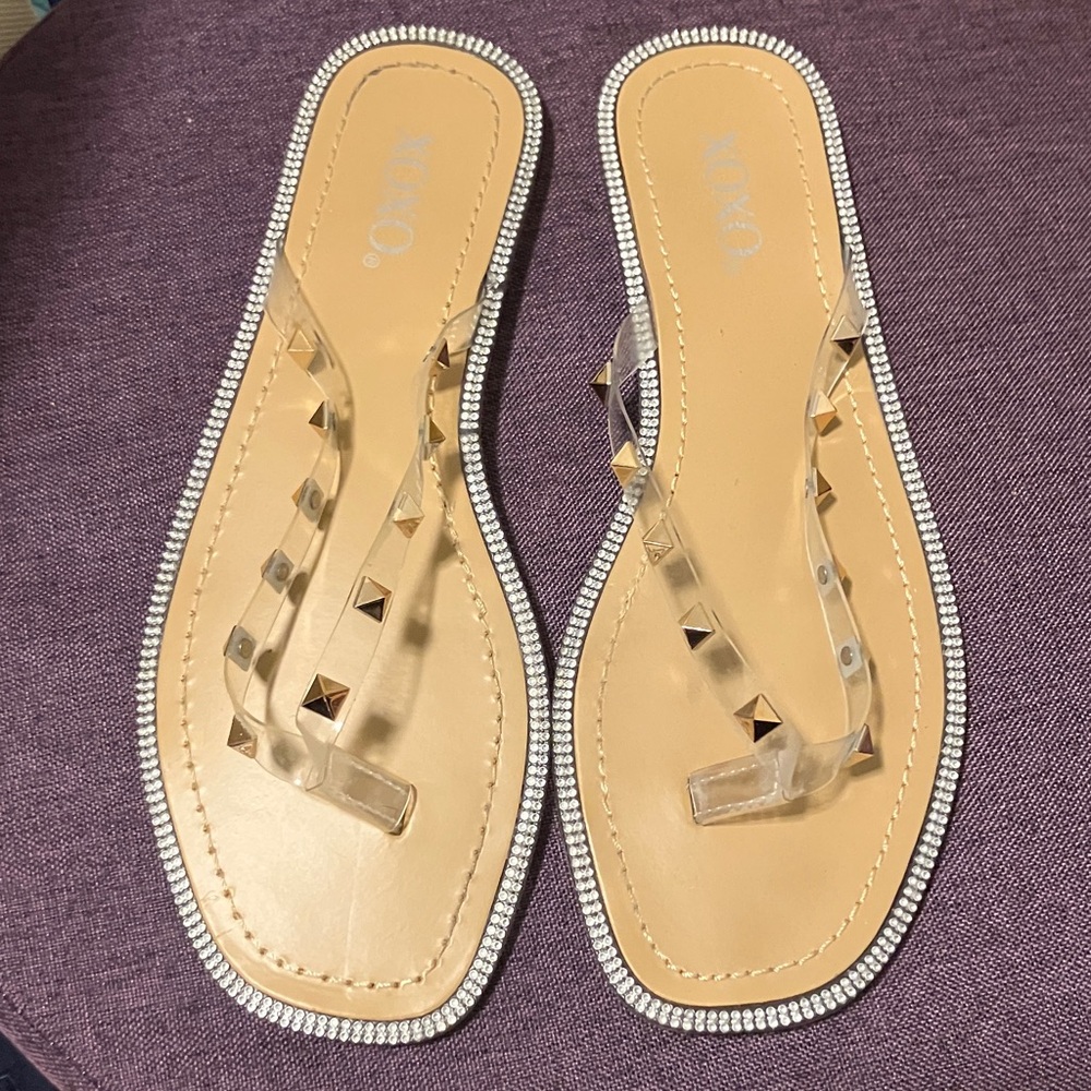 XOXO Clear and Tan Studded Sandals